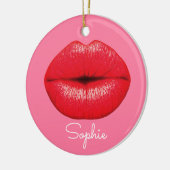 Rode lipstick grote pop lippen op girale roze naam keramisch ornament (Links)