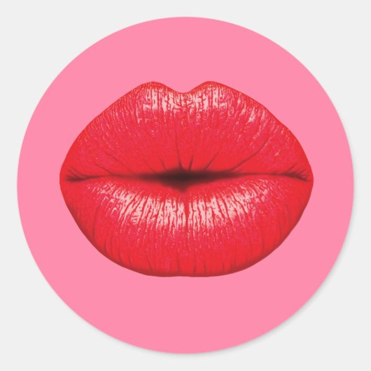Rode lipstick grote pop lippen op girale roze ronde sticker (Voorkant)
