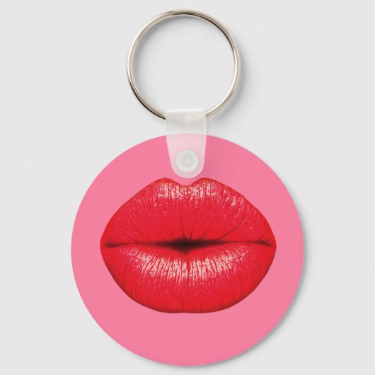 Rode lipstick grote pop lippen op girale roze sleutelhanger (Voorkant)