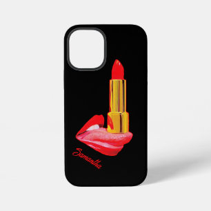 Rode lipstick op de tong met personalisatie iPhone 12 mini hoesje
