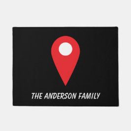 Rode locatie icoon op zwarte mat met naam