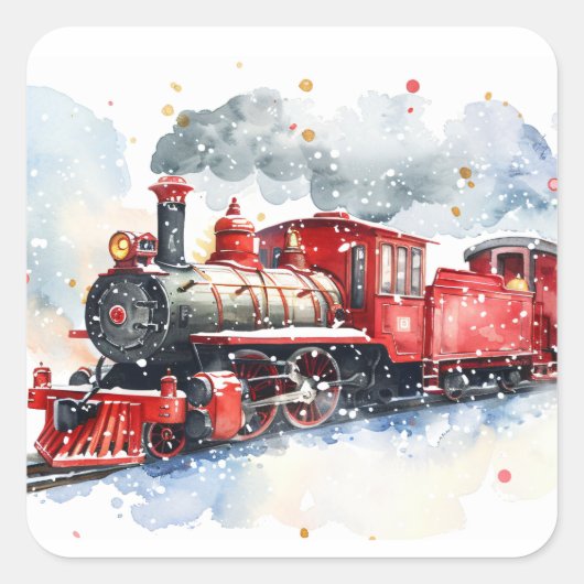 Rode locomotief in de winter vierkante sticker (Voorkant)