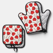 Rode Lolly's, Hart Lolly's, Lolly Stippenpatroon Ovenwant & Pannenlap Set (Voorkant / Achterkant)