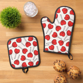 Rode Lolly's, Hart Lolly's, Lolly Stippenpatroon Ovenwant & Pannenlap Set