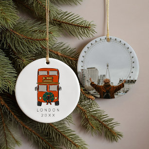 Rode Londen Dubbeldekker Bus Kerstfoto Keramisch Ornament