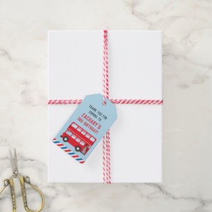 Rode Londense dubbeldekker bus feest bedankkaartje Cadeaulabel