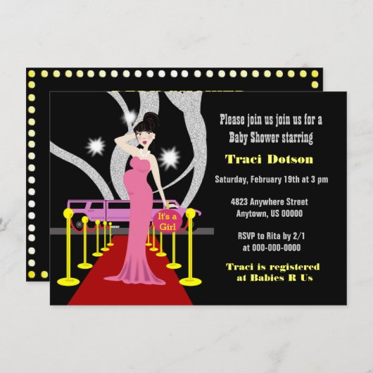 Rode loper Hollywood Baby shower Uitnodiging meisj (Voorkant / Achterkant)