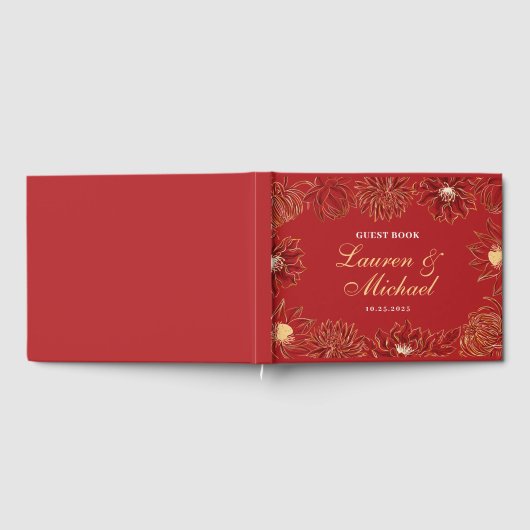 Rode Lotus Waterlily Oriental Floral Wedding Gastenboek (Volledig)