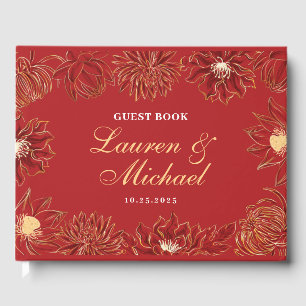 Rode Lotus Waterlily Oriental Floral Wedding Gastenboek