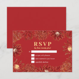 Rode Lotus Waterlily Oriental Floral Wedding RSVP Kaartje
