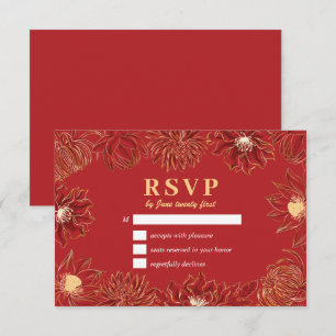 Rode Lotus Waterlily Oriental Floral Wedding RSVP Kaartje