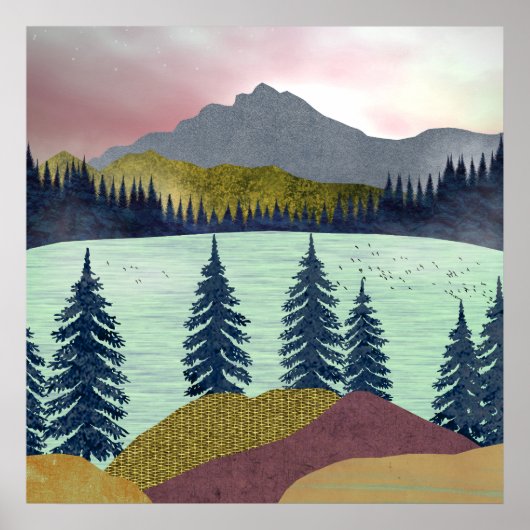 Rode lucht meer landschap poster (Voorkant)