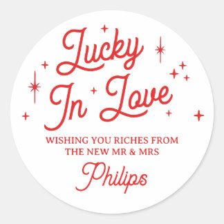 Rode Lucky In Love Loterij Bruiloft Favor Ronde Sticker