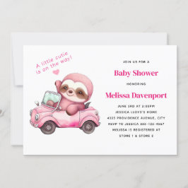 Rode luiaard in een cabriolet baby shower kaart