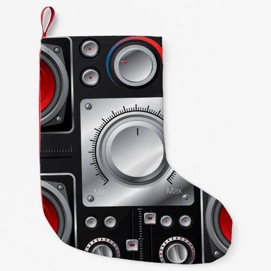 Rode luidsprekers met versterker- en bedieningskno kleine kerstsok (Voorkant)