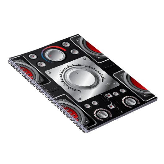 Rode luidsprekers met versterker- en bedieningskno notitieboek (Rechterzijde)