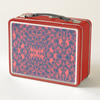 Rode lunchbox met een geometrisch blauw en roze 