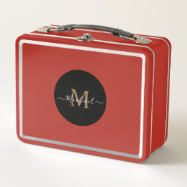 Rode lunchbox met gepersonaliseerde naam en QR-cod