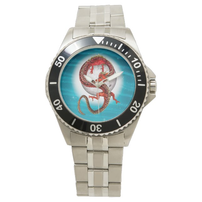 Rode Maan Draak Hemelse Fantasie Kunst Horloge (Voorkant)
