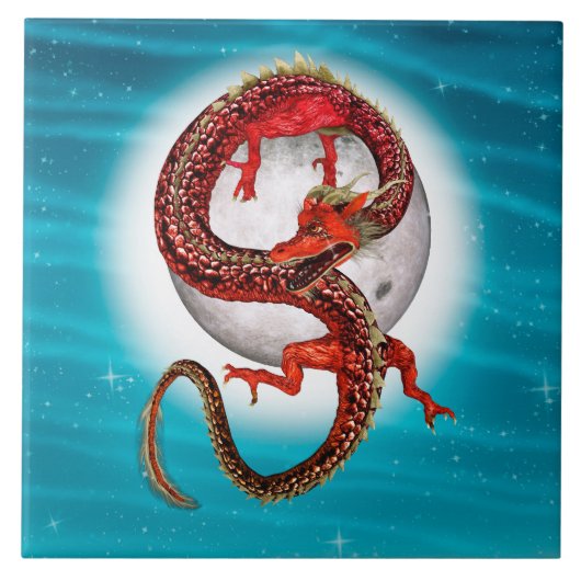 Rode Maan Draak Hemelse Fantasie Kunst Tegeltje (Voorkant)
