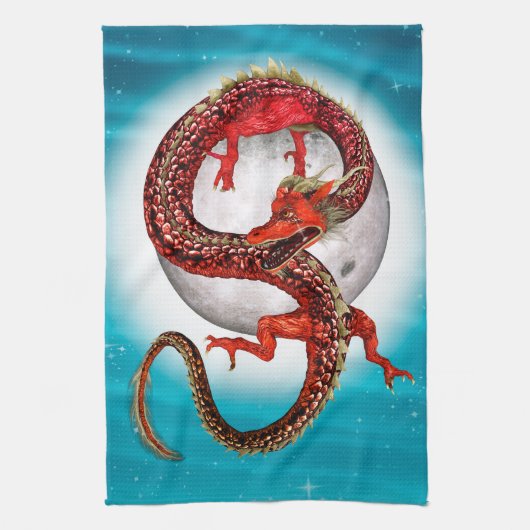 Rode Maan Draak Hemelse Fantasie Kunst Theedoek (Verticaal)