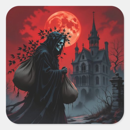 Rode Maan Halloween Vierkante Sticker (Voorkant)