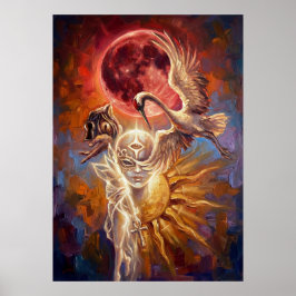Rode Maan Kraan Symbolische Kunstposter Poster