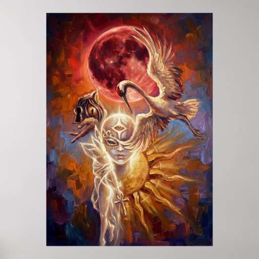 Rode Maan Kraan Symbolische Kunstposter Poster (Voorkant)