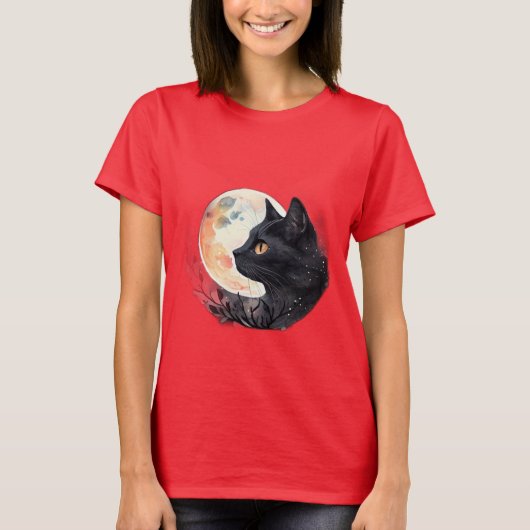 Rode Maan met Cat Artistic T-Shirt Design (Voorkant)