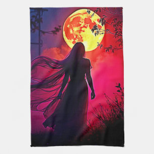 Rode Maan Schaduw Vrouw Mysterie Design Theedoek