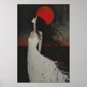 Rode Maan Vrouw Schilderij, Somber Japans Wandkuns Poster
