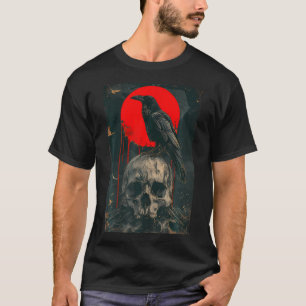 Rode Maan Zwarte Gotische Raven Schedel Grafische  T-shirt
