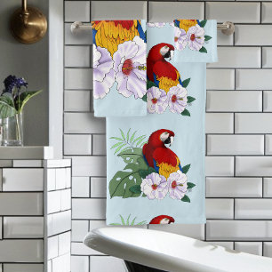 Rode Macaw Papegaai Tropische Witte Hibiscus Bloem Bad Handdoek