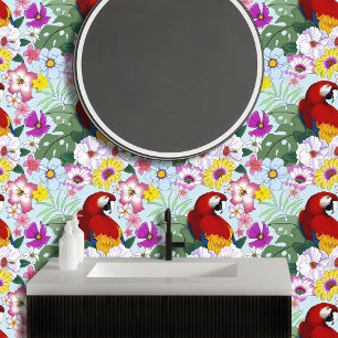 Rode Macaw Papegaai Tropische Witte Hibiscus Bloem Behang