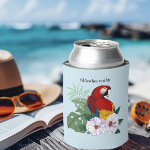 Rode Macaw Papegaai Tropische Witte Hibiscus Bloem Blikjeskoeler