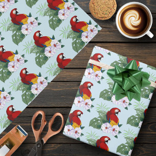 Rode Macaw Papegaai Tropische Witte Hibiscus Bloem Cadeaupapier