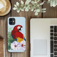 Rode Macaw Papegaai Tropische Witte Hibiscus Bloem