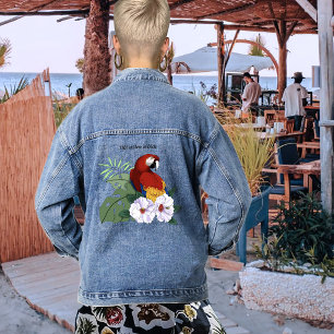 Rode Macaw Papegaai Tropische Witte Hibiscus Bloem Denim Jacket