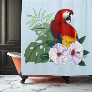 Rode Macaw Papegaai Tropische Witte Hibiscus Bloem Douchegordijn