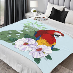 Rode Macaw Papegaai Tropische Witte Hibiscus Bloem Fleece Deken
