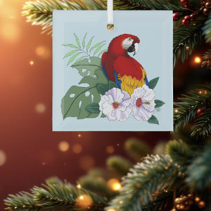 Rode Macaw Papegaai Tropische Witte Hibiscus Bloem Glas Ornament