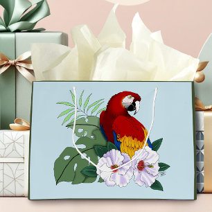 Rode Macaw Papegaai Tropische Witte Hibiscus Bloem Groot Cadeauzakje