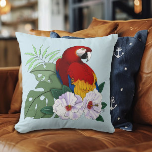 Rode Macaw Papegaai Tropische Witte Hibiscus Bloem Kussen