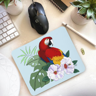 Rode Macaw Papegaai Tropische Witte Hibiscus Bloem Muismat