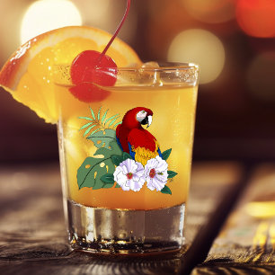 Rode Macaw Papegaai Tropische Witte Hibiscus Bloem Shot Glas