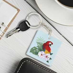 Rode Macaw Papegaai Tropische Witte Hibiscus Bloem Sleutelhanger