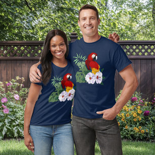 Rode Macaw Papegaai Tropische Witte Hibiscus Bloem T-shirt