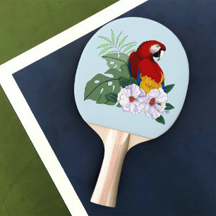 Rode Macaw Papegaai Tropische Witte Hibiscus Bloem Tafeltennisbatje