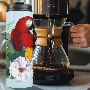 Rode Macaw Papegaai Tropische Witte Hibiscus Bloem Thermosbeker