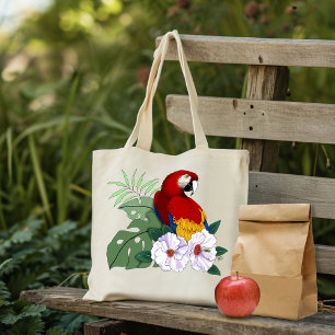 Rode Macaw Papegaai Tropische Witte Hibiscus Bloem Tote Bag